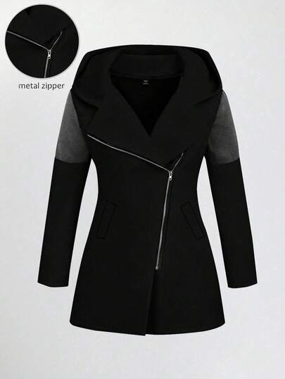 EMERY ROSE Women's Casual Zip-Up Hooded Jacket With Color Block Design