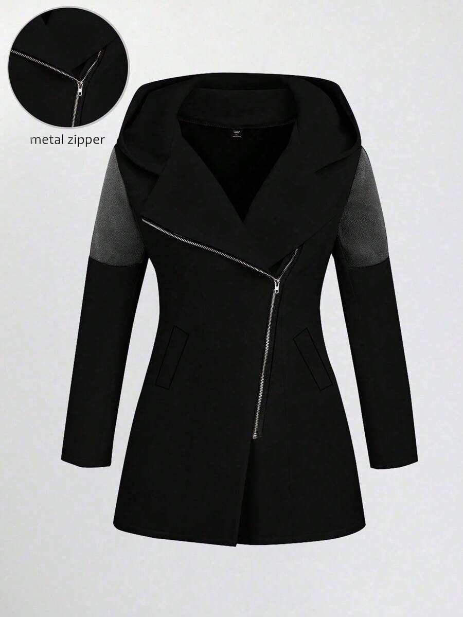 EMERY ROSE Áo khoác trùm đầu có khóa kéo thường ngày dành cho nữ với thiết kế khối màu - màu đen - Xem 1