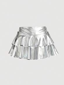 SHEIN MOD 女士休闲抽绳系带双层蛋糕裙，PU 材质，银色 - 銀色 - 查看 2