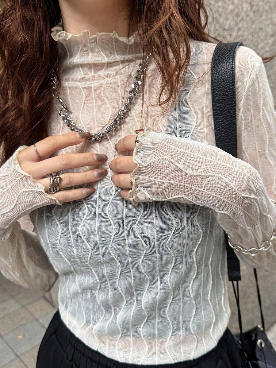 FRIFUL Women's Solid Color Stand Collar Mesh Fitted Blouse Long Sleeve Women - White - View 1