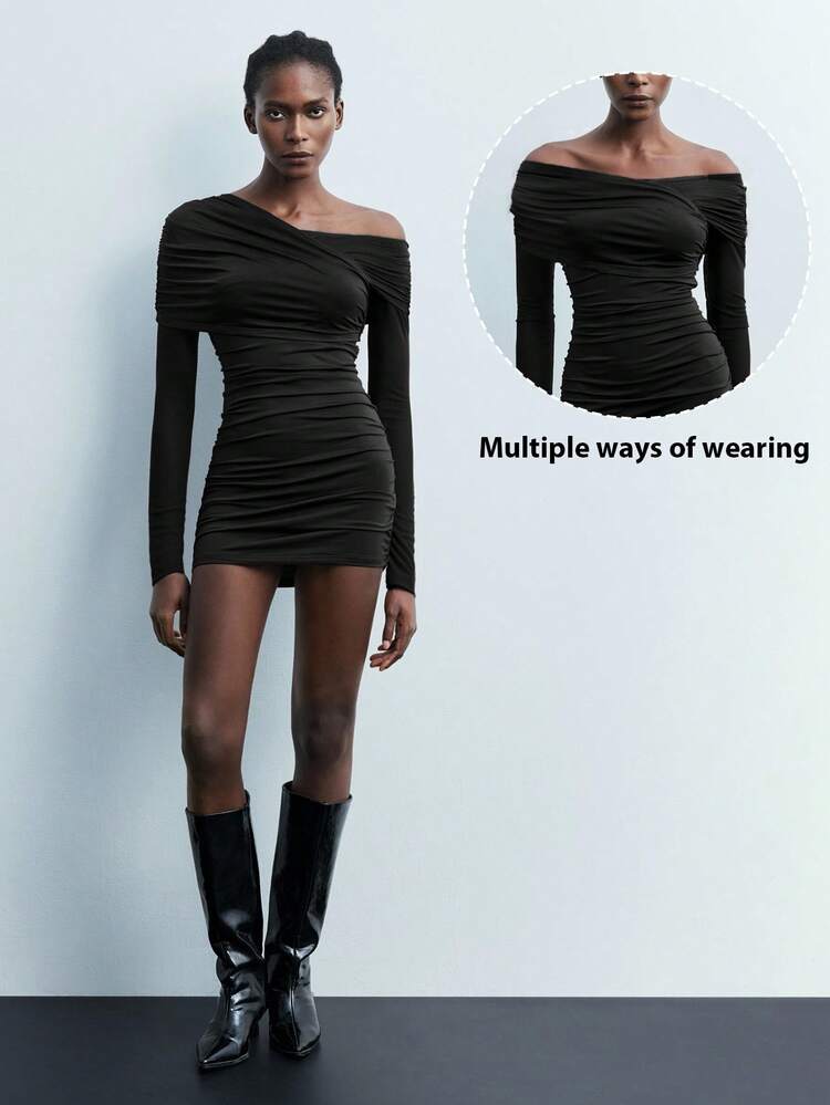 SHEIN Maija Women's Fashion Sexy Asymmetric Collar Fitted Mini Dress, Elegant For Urban Commute And Business