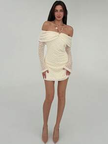 Aloruh Vestido mini ajustado con hombros descubiertos, textura y drapeado elegante para mujer - Albaricoque - Ver 5