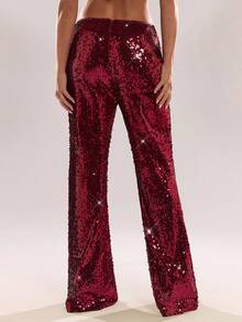 SHEIN BAE 女士纯色亮片喇叭裤，适合派对场合 - 酒紅色 - 查看 2