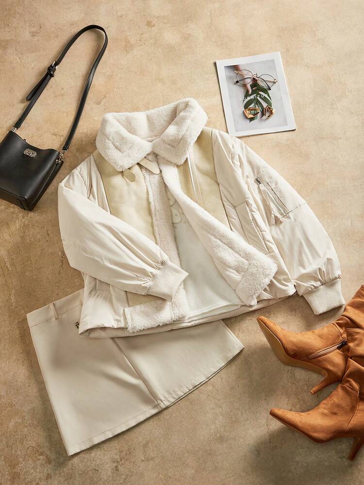 Thickened Short Loose Lamb Wool Patchwork Oversized Collar Women Jacket