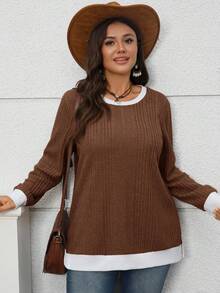 EMERY ROSE Große Größen Kontrast Farbe 2 in 1 Rundhals Dropped Shoulder Langarm Spaltung Saum Lässiges Loose Sweatshirt