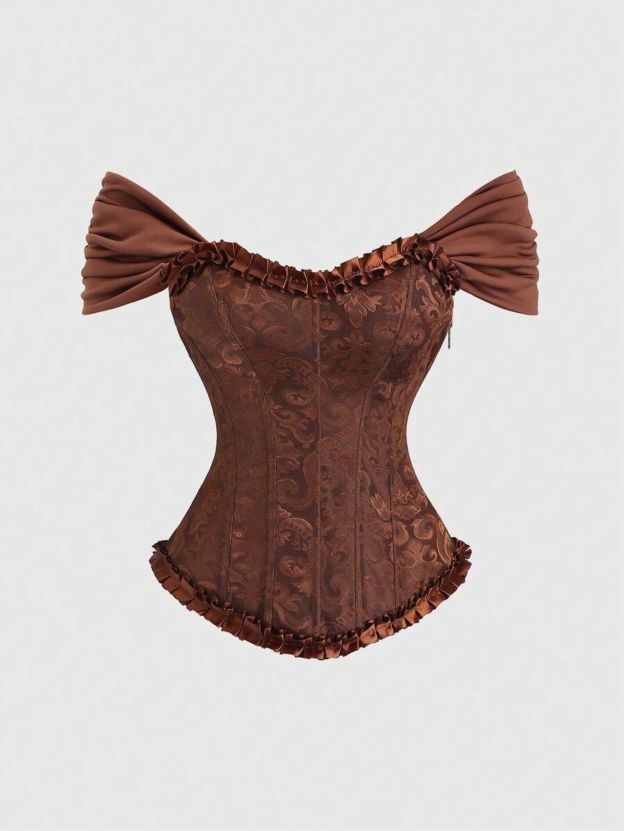 Sweetra Women's Solid Color Pleated Embossed Ruffle Trim Elegant Off Shoulder Top - Brown - View 1