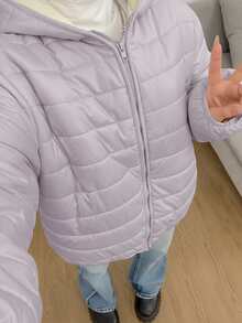 SHEIN 少女基础款灰色面料保暖绗缝短款连帽外套，冬季