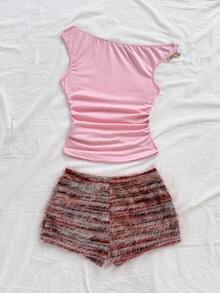 Soleia 新款休闲度假西部海滩婚礼宾客礼服，毕业早午餐，圣帕特里克节，春假，复活节，音乐节，优雅波西米亚热带风情毛绒棕色针织不对称露肩花卉露背两件套女装 - 彩色 - 查看 2