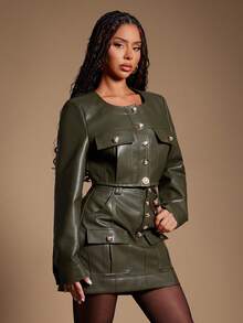 Radiana Women's PU Leather Short Jacket, Vintage Motorcycle Style, Long Sleeve, Cropped, High-Quality, Autumn/Winter Olive Green,جاكيتات شتويه نسائي - Army Green - View 6