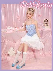 Dola Lovely Elegant Bowknot Mary Jane High Heels For Christmas - Blue - View 5