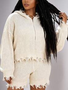 Slaydiva 2025 秋冬新品 纯色卡其色流苏连帽短裤针织套装 大码女装 - 卡其色 - 查看 7