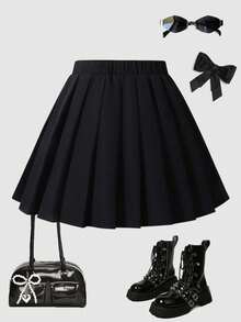 SHEIN Girls' Pleated High Waist Skirt With Built-In Safety Shorts, 2-In-1 Skirt Pants, Versatile For All Seasons, Can Be Paired With Shirts, T-Shirts, Polos, Hoodies, Jackets