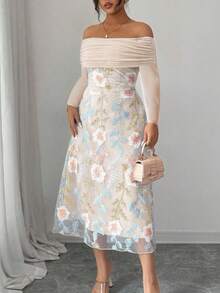 Modelyn 大码女式网纱拼接刺绣露肩长袖荷叶边连衣裙 - 杏色 - 查看 7