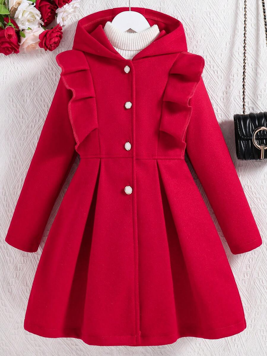 SHEIN Tween Girls Red Ruffle Trim Long Sleeve Casual Hooded Single-Breasted Overcoat, For Christmas