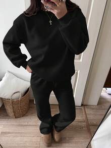 SHEIN Unity Casual Solid Color Fleece Round Neck Sweatshirt And Sweatpants Set, Suitable For Autumn And Winter - Black - View 5