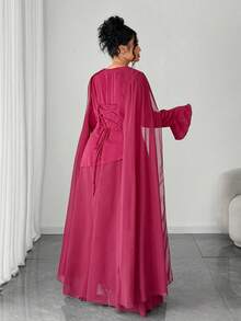 SHEIN Tall CURVE Vestido elegante de estilo vintage francés con estilo chic del Medio Oriente para mujer de talla grande, con cintura ajustable, mangas acampanadas y hombros drapeados, adecuado para fiestas, ropa de mujer de otoño/invierno, fiesta de club, elegante, vestidos formales de mujer, vestido de noche - Burdeos - Ver 6