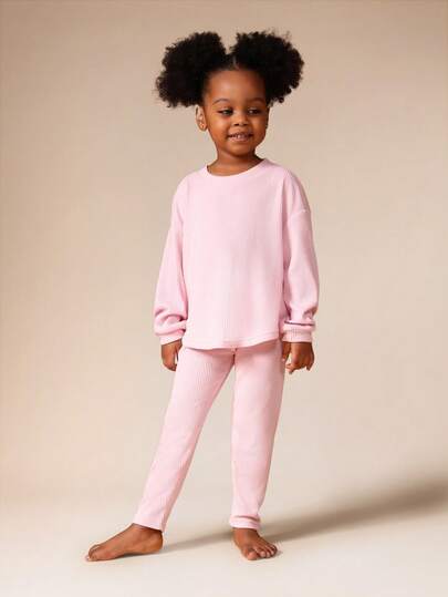 SUMWON Conjunto de top de cuello redondo de manga larga acanalado y pantalones a juego para niñas, ropa de estar en casa cómoda y casual