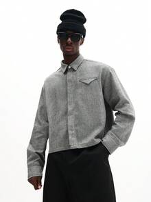 SUMWON Boxy Fit Long Sleeve Textured Overshirt With Chest Pocket Detail Button Front Casual Shirt Plain - Black and White - View 2