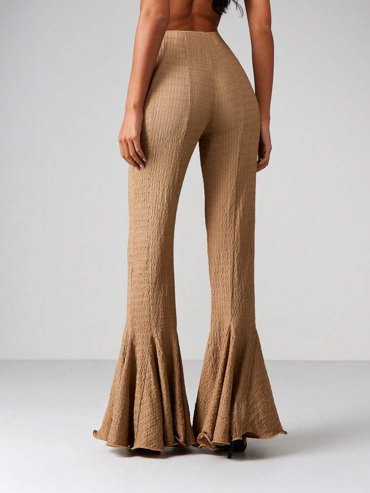 MISSGUIDED Retro Bell Bottom Flared Pants High Waist Wide Leg Palazzo Textured Crinkle Festival Wedding Evening Formal Occasion Statement Pants