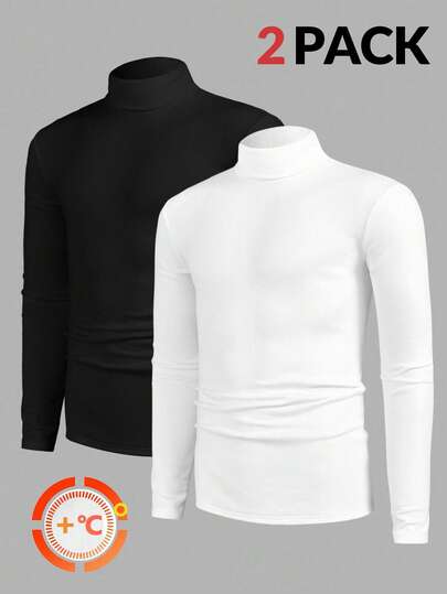 Manfinity NXTstreet 2pcs Pack Men's Casual Turtleneck Long Sleeve T-Shirt, Autumn/Winter
