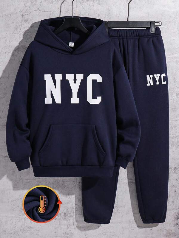 SHEIN 2件套青少年男童宽松印花连帽衫和运动裤套装，休闲装，适合通勤、上学、日常、度假、运动，四季皆宜