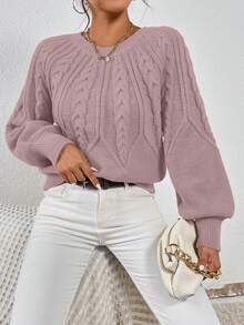 EMERY ROSE Casual Solid Color Lantern Sleeve Sweater, Autumn/Winter - Pink - View 4