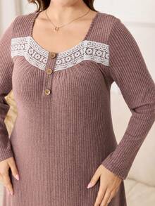 Lacomfia 大码纯色长袖针织秋冬罗纹长款休闲蕾丝边连衣裙 - 藕粉色 - 查看 7