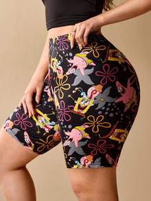 SpongeBob SquarePants | SHEIN 大码可爱卡通图案弹力打底短裤 - 黑色 - 查看 4