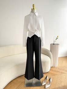 SHEIN LUNE 女士宽松休闲百搭长袖衬衫 - 白色 - 查看 6