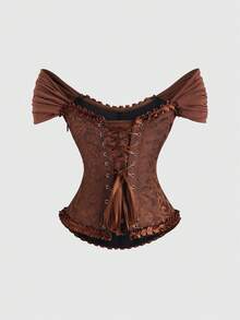 Sweetra Women's Solid Color Pleated Embossed Ruffle Trim Elegant Off Shoulder Top - Brown - View 2