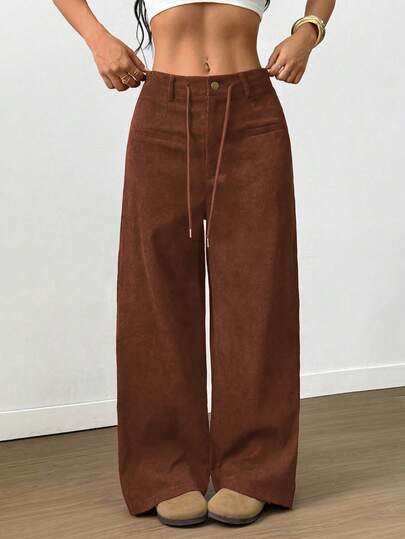 SHEIN LUNE Women's Solid Color Drawstring Faux Pocket Casual Pants, Autumn