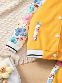 SHEIN Bộ 2 áo khoác và quần dài cổ bóng chày in họa tiết hoa tay raglan cho bé gái trang phục thường ngày - Màu vàng - Xem 7