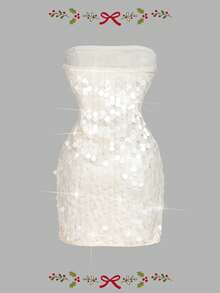 SHEIN MOD Vestido mini de mujer de unicolor con lentejuelas brillantes, vestido de invierno, vestido de Navidad, vestido de lentejuelas, vestido de fiesta, vestido de Año Nuevo, vestido de graduación, vestidos elegantes para mujer, vestido de noche de lujo para mujer, vestido blanco de Año Nuevo - Albaricoque - Ver 2