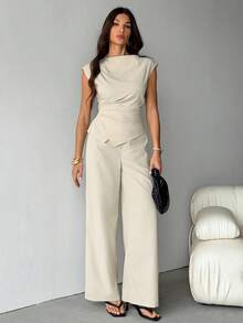 SHEIN Tall 极简通勤办公穿搭，新款春夏船领泡泡袖收腰女式衬衫+高腰超长阔腿女式长裤，高个版