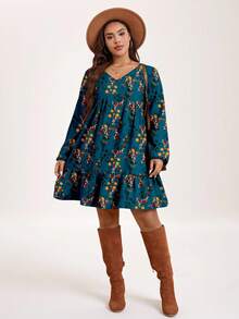 EMERY ROSE Vintage Green Floral Print Plus Size Dress New Year Party - Teal Blue - View 6