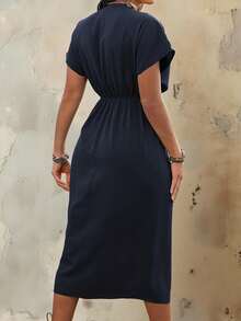 Roveilla 大码V领侧腰系带短袖开衩优雅时尚魅力连衣裙长款女装