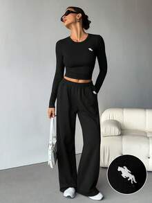 SHEIN Tall 2pcs Black Fitted Embroidered Knit Homewear Set For Women, Summer - Black - View 5