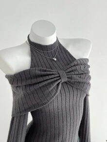 Elamini 1pc Women's Charcoal Gray Personalized Delicate Halter Tie Bow Design Cold-Shoulder Asymmetric Hem Elastic Knit Casual Sweater, Autumn/Winter