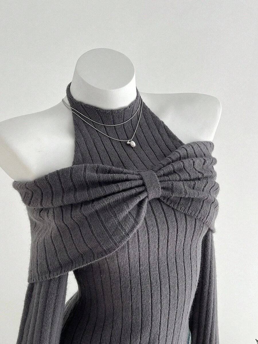 Elamini 1pc Women's Charcoal Gray Personalized Delicate Halter Tie Bow Design Cold-Shoulder Asymmetric Hem Elastic Knit Casual Sweater, Autumn/Winter