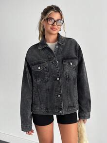 EURMUSE Áo khoác denim vai trễ màu xám giản dị - Xám - Xem 6