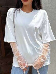 INAWLY 女士休闲圆领蕾丝袖落肩白色长袖T恤（210G牛奶丝） - 白色 - 查看 4