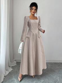 Elenzga Váy đi làm tay dài, cổ vuông, túi giả, nhiều màu, trang trí đinh tán, chắp vá, viền loe, mùa thu cho nữ - Cà phê nâu - Xem 5