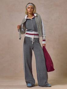 MUSERA Cardigan tricotat cu guler îngust, cu nervuri contrastante, stil streetwear, stil casual, tricotat, de zi cu zi, stil retro - Gri inchis - Vizualizare 5