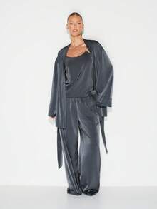 KIZN Luxurious Satin Lounge Robe With Belt Tie Kimono Style Sleepwear Pajama Robe For Home Relaxation - Black - View 3