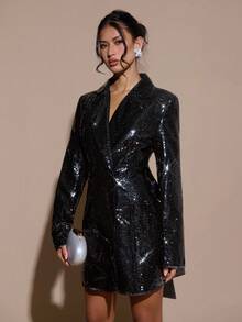 SHEIN BAE 女式翻领长袖束腰优雅时尚西装外套 - 黑色 - 查看 4