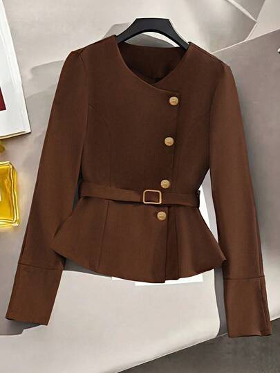 GlowEve CURVE 大码女式优雅法式圆领金属纽扣单排扣系带短款西装外套，秋冬商务正装外套