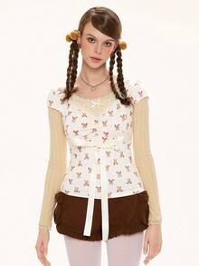 ROMWE Kawaii Women's Summer Fashion Bear Print Chest Ruched Contrast Lace T-Shirt - Apricot - View 3