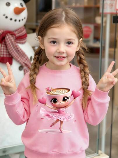 Sparklyn Young Girl Casual Versatile Daily Cappuccino Coffee Ballerina Girl Graphic Soft Knit Crew Neck Long Sleeve Sweatshirt, Christmas, New Year, Suitable For Autumn/Winter, Lightweight & Comfortable, Layering Piece For Fall, Fashionable Casual Wear, Graphic Design, Back To School Season, Autumn, Back To School Party, Suitable For Outdoor Picnic, Street Photography, Home, Campus, Holidays, Gifts. Halloween, Thanksgiving, New Year Gift