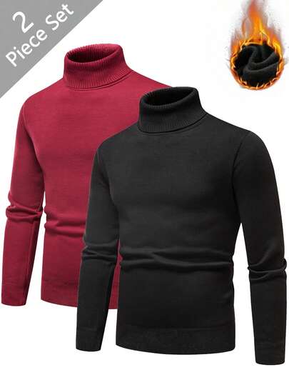Manfinity Homme 两件套男士保暖内衬休闲套头针织衫，秋冬季百搭叠穿针织衫，男士高领衫，男士冬季服装，男士高领毛衣，长袖上衣