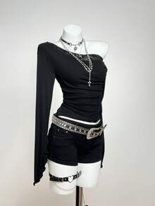 SHEIN PETITE 女士长袖蕾丝拼接针织纯色上衣，复古小众百搭修身T恤，秋冬款